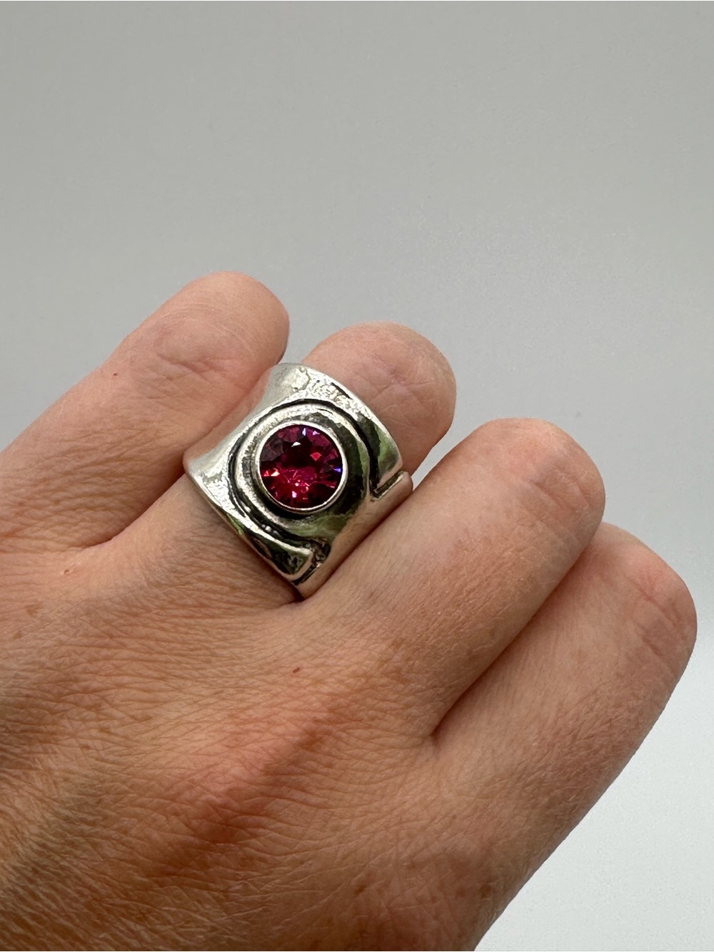 ⁠925 Sterling Silver Wide Band Ring Pink CZ Gemstone Statement Ring⁠